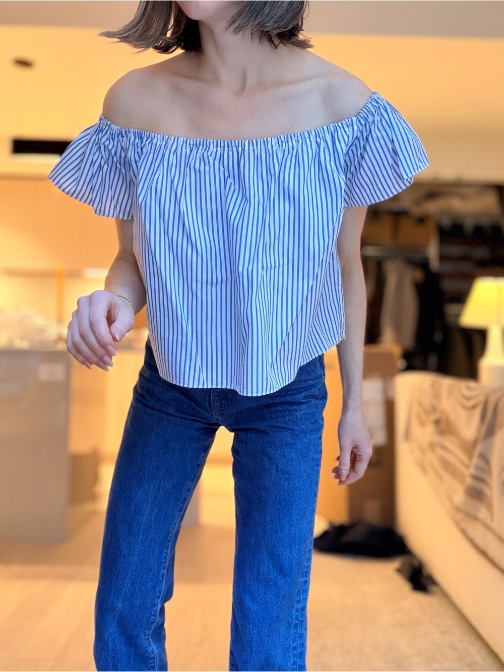 Blue & White Striped Off-Shoulder Crop Top